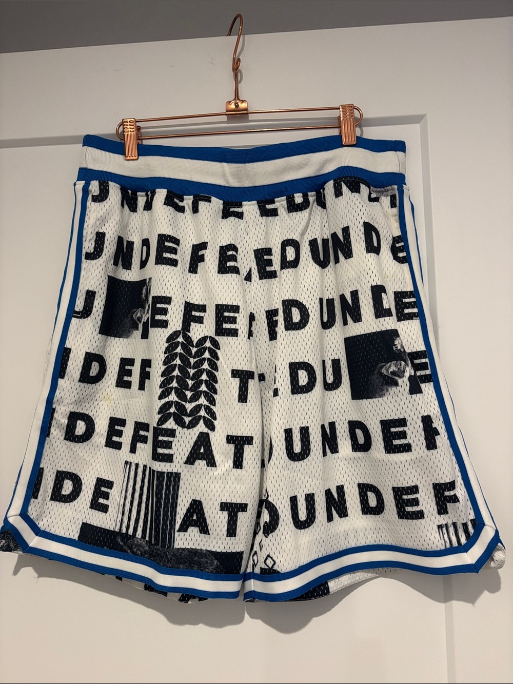 Undercover White & Blue Graphic Mesh Athletic Shorts